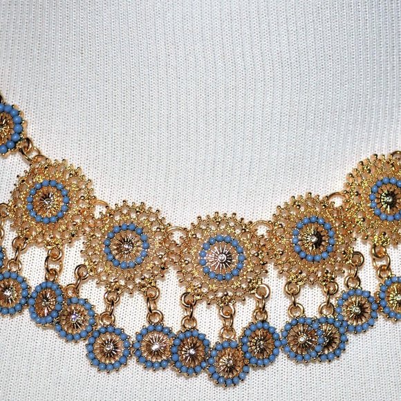 Intricate Gold & Turquoise Beaded Statement Necklace - Picture 3 of 5